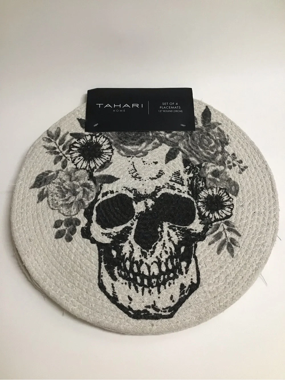 Tahari Home Skull Placemat SET OF 4 Day of Dead Halloween Sugar Skull Woven NEW